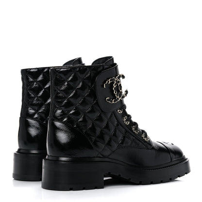 Chanel Shiny Calfskin Quilted Lace Up Combat Boots 37 Black 4 of 13