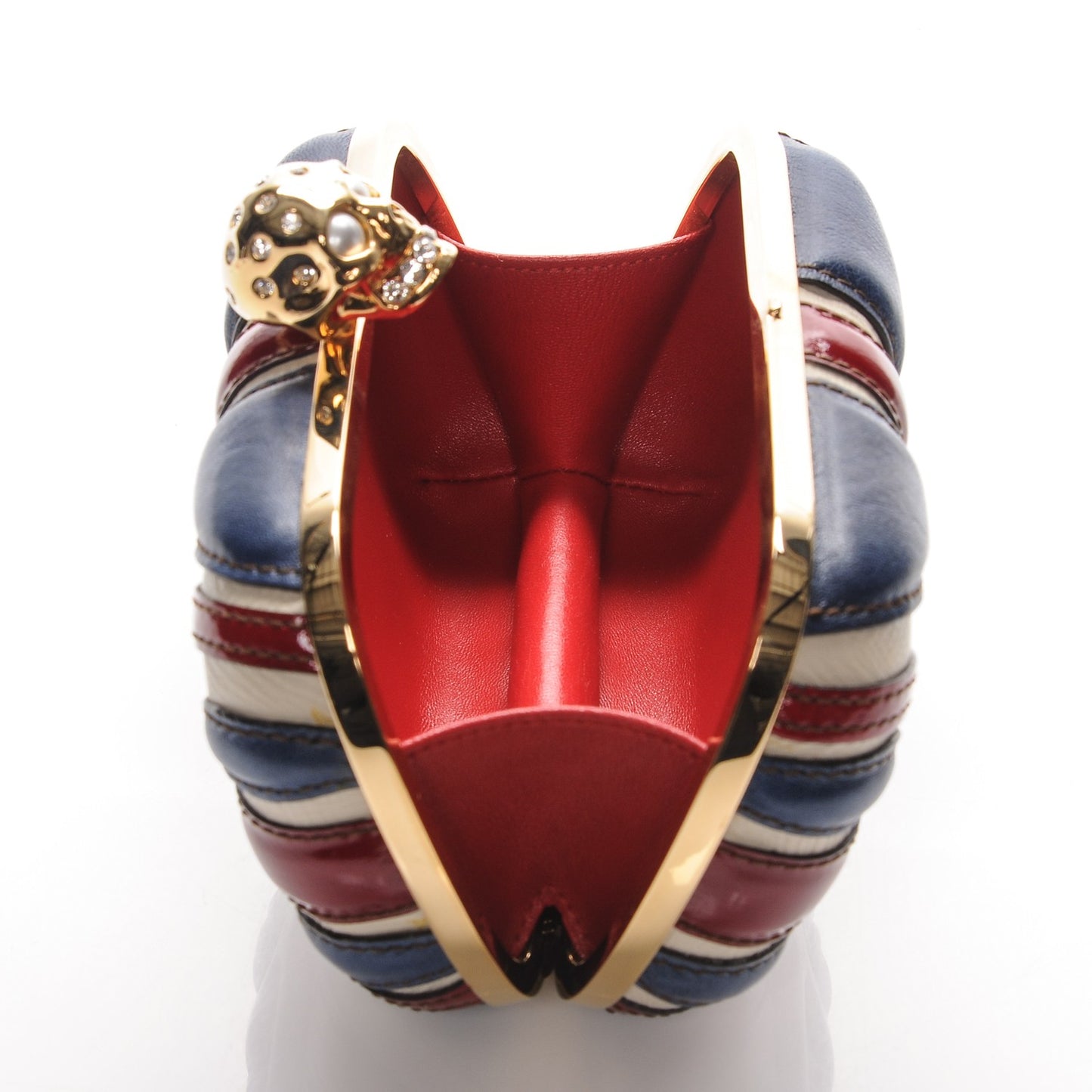 Patent Calfskin Britannia Skull Box Clutch Red Blue