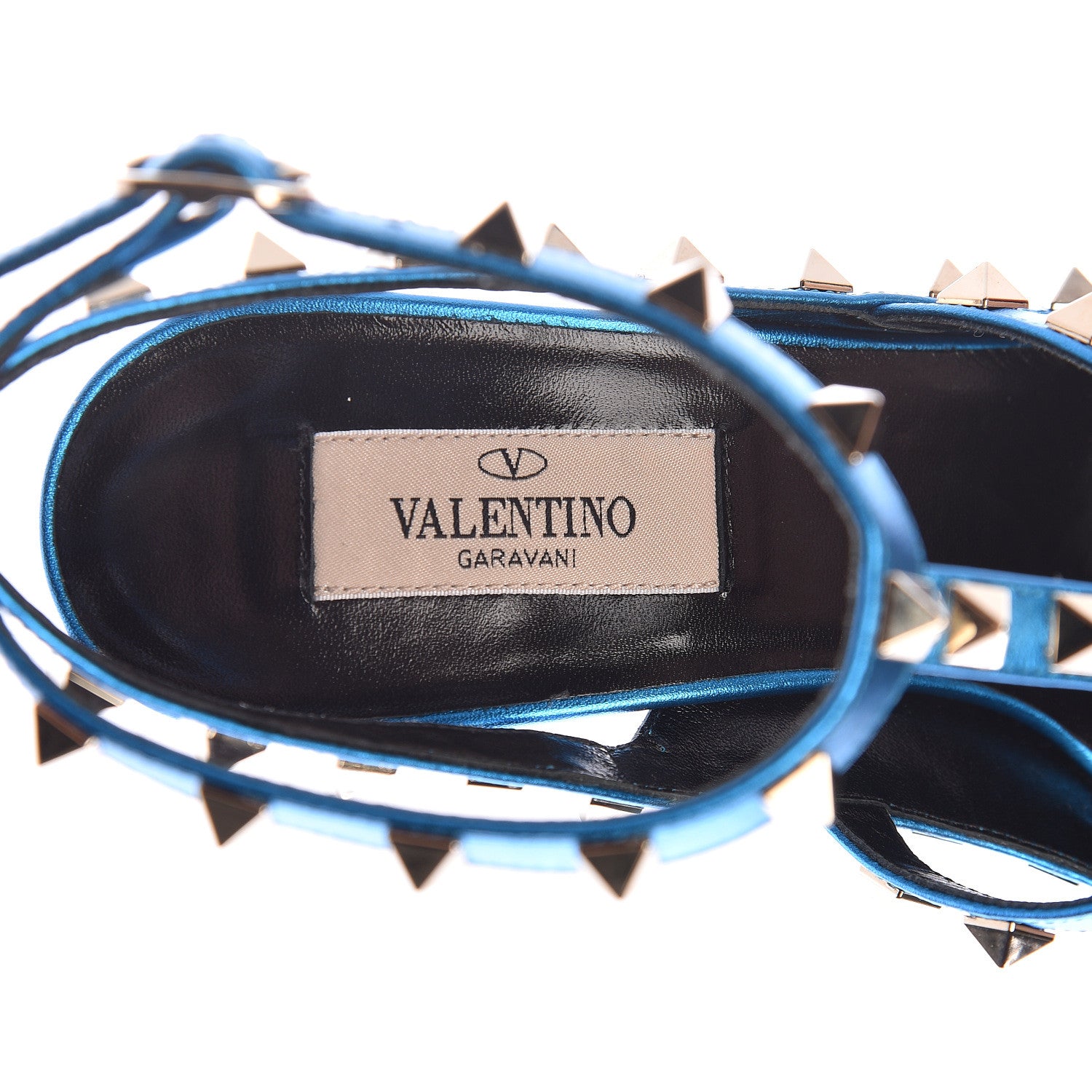 Valentino Garavani Metallic Pebbled Calfskin Rockstud Ankle Strap Pumps 38 Light Blue 6 of 10