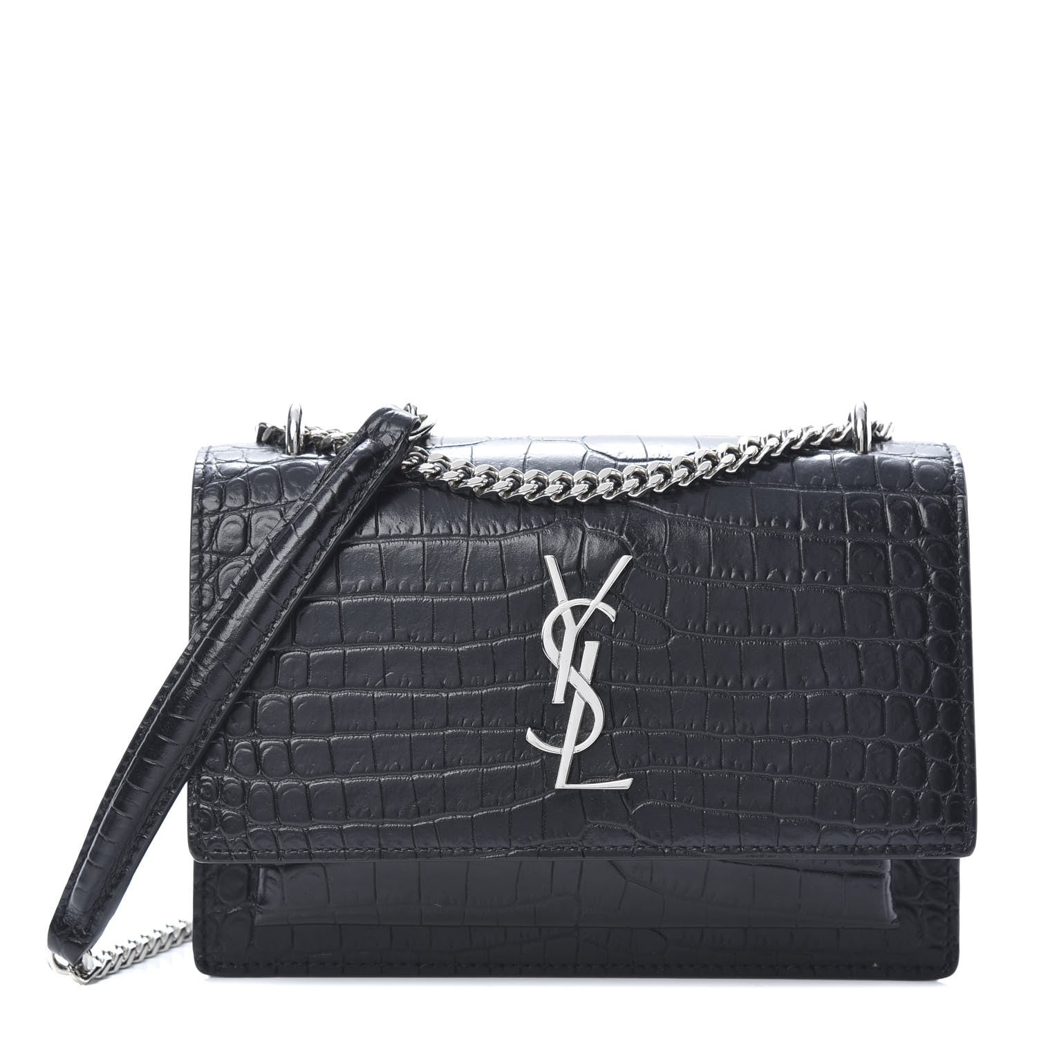Saint Laurent Calfskin Crocodile Embossed Monogram Sunset Chain Wallet Black 1 of 13