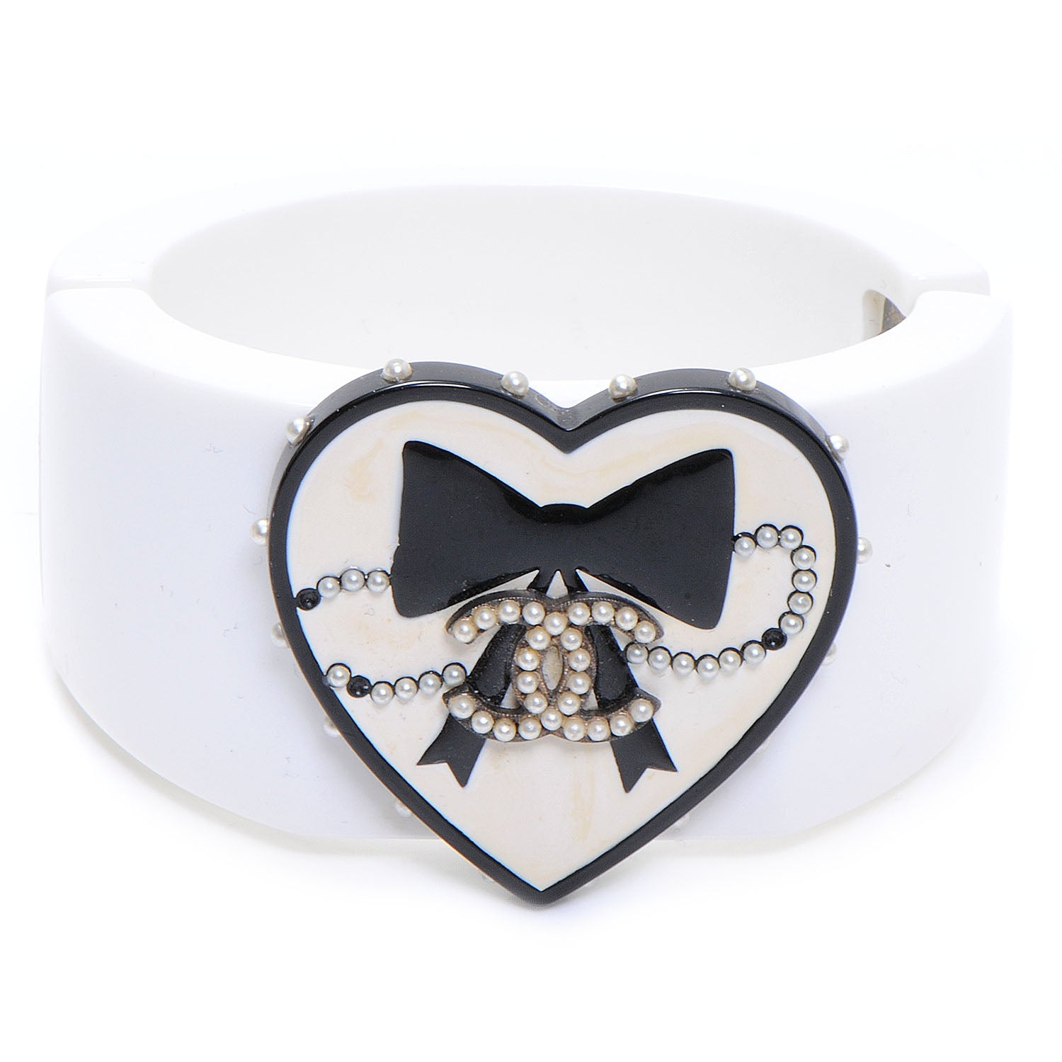 Chanel Resin Heart Pearl CC Cuff White 1 of 5