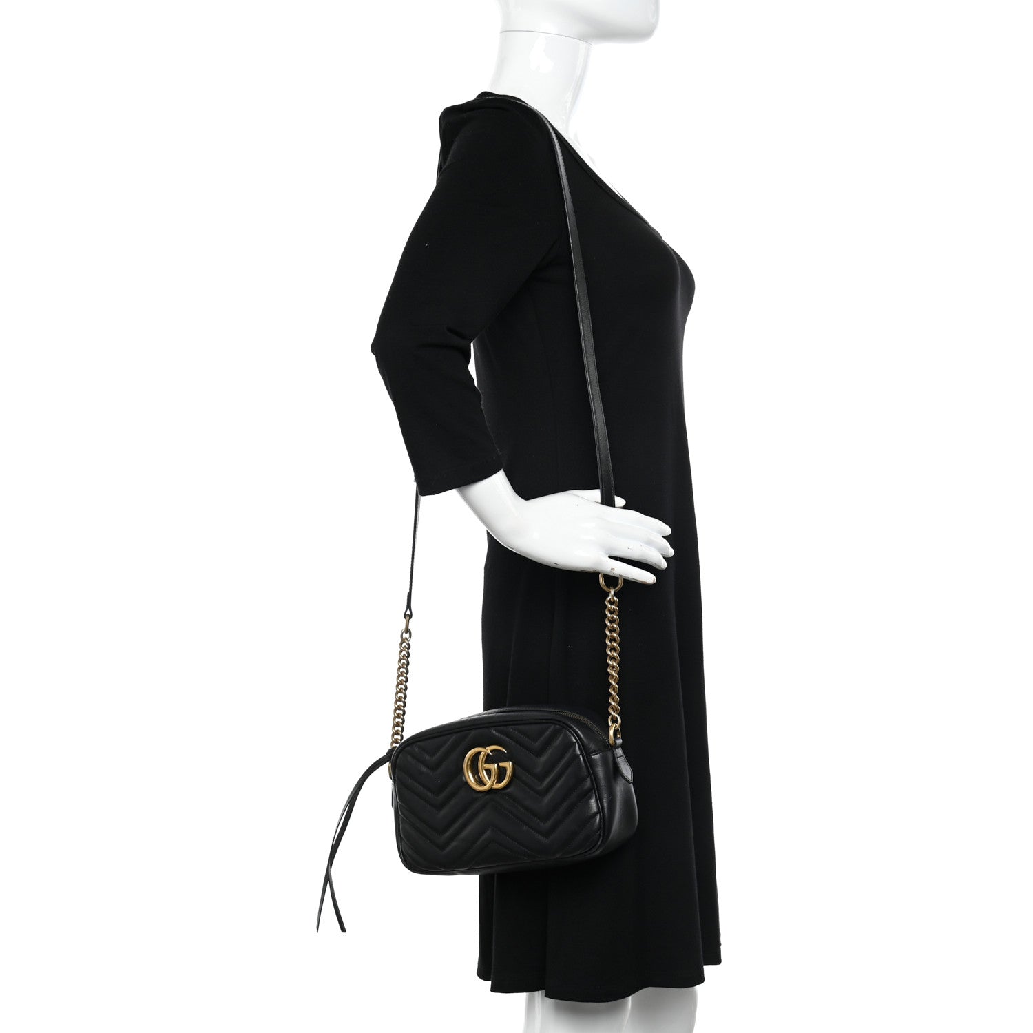 Gucci Calfskin Matelasse Small GG Marmont Chain Shoulder Bag Black 2 of 11
