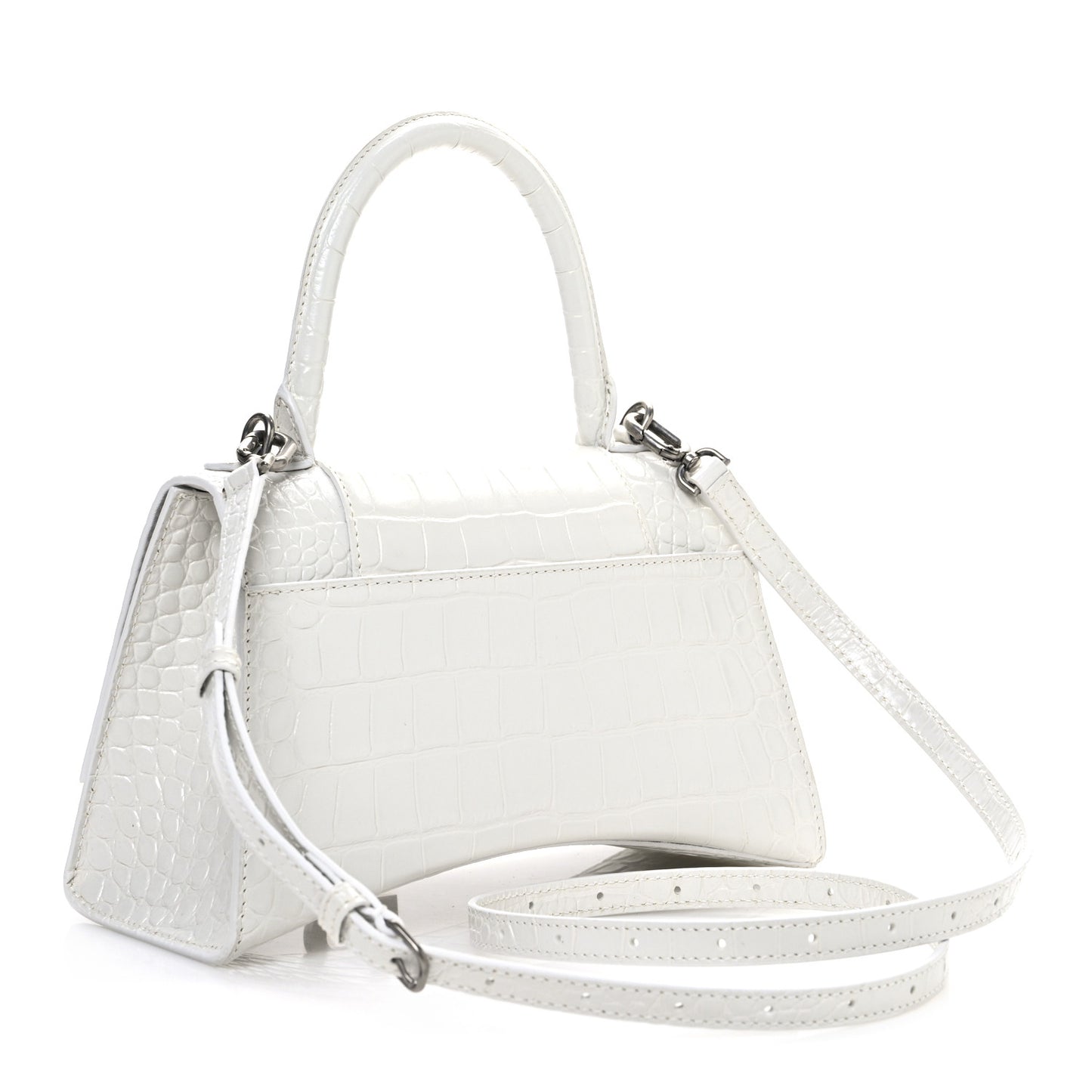 Shiny Calfskin Crocodile Embossed Small Hourglass Top Handle Bag Optic White