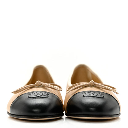 Chanel Lambskin Cap Toe CC Ballerina Flats 37.5 Beige Black 2 of 12