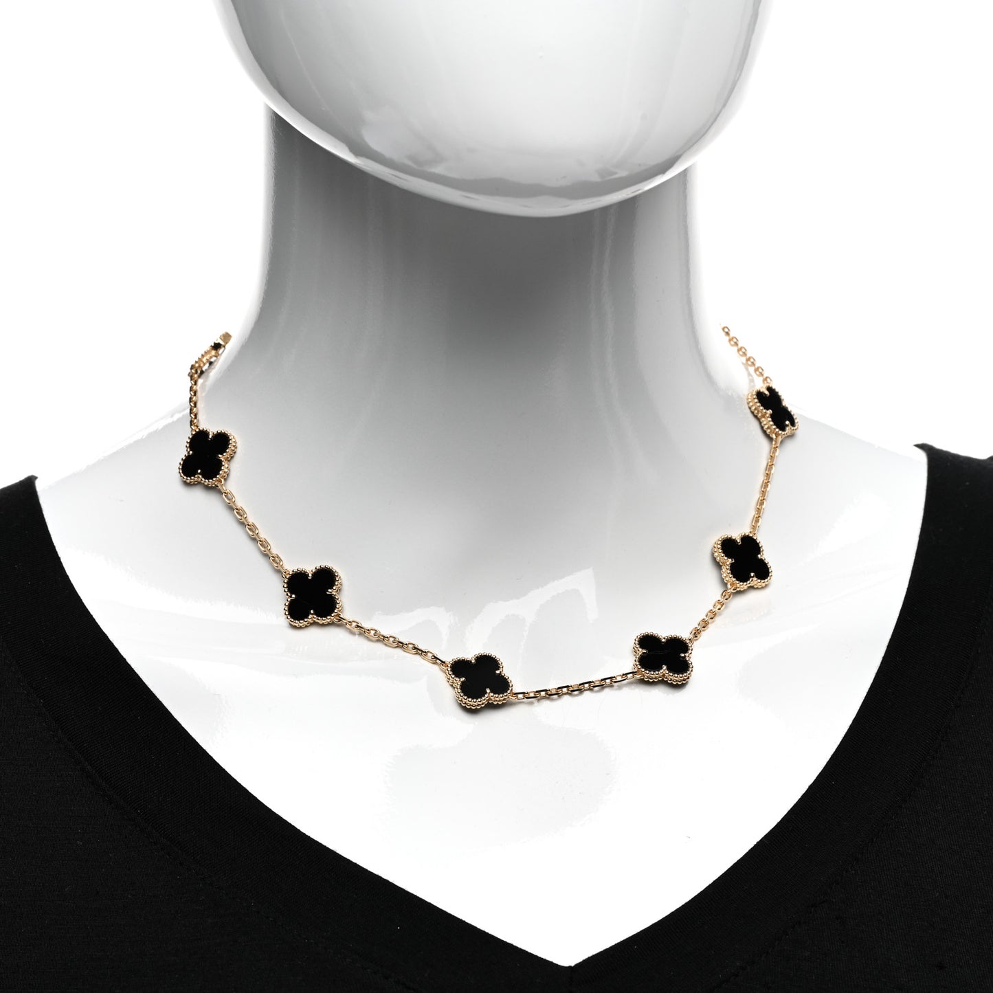 18K Yellow Gold Black Onyx 10 Motifs Vintage Alhambra Necklace