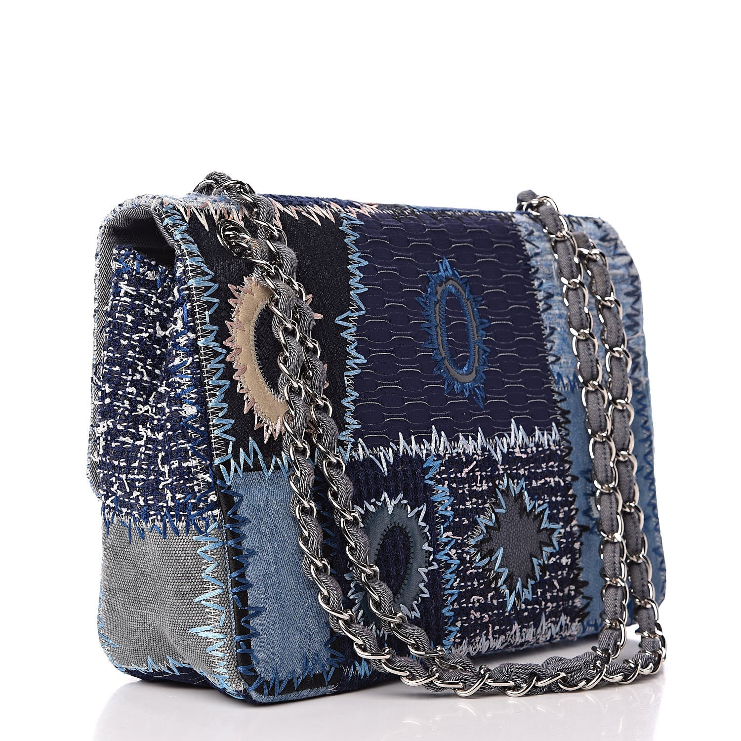 Chanel Denim Tweed Patchwork Jumbo Single Flap Blue 3 of 10