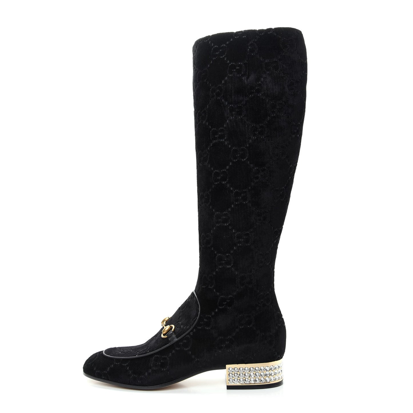 Velvet GG Monogram Crystal Horsebit Knee High Boots 40 Black