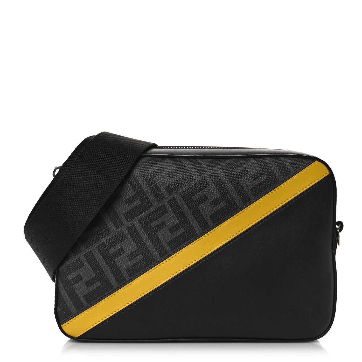 Fendi Glazed Fabric Vitello Liberty FF 1974 Diagonal Medium Camera Case Black Sunflower 1 of 9