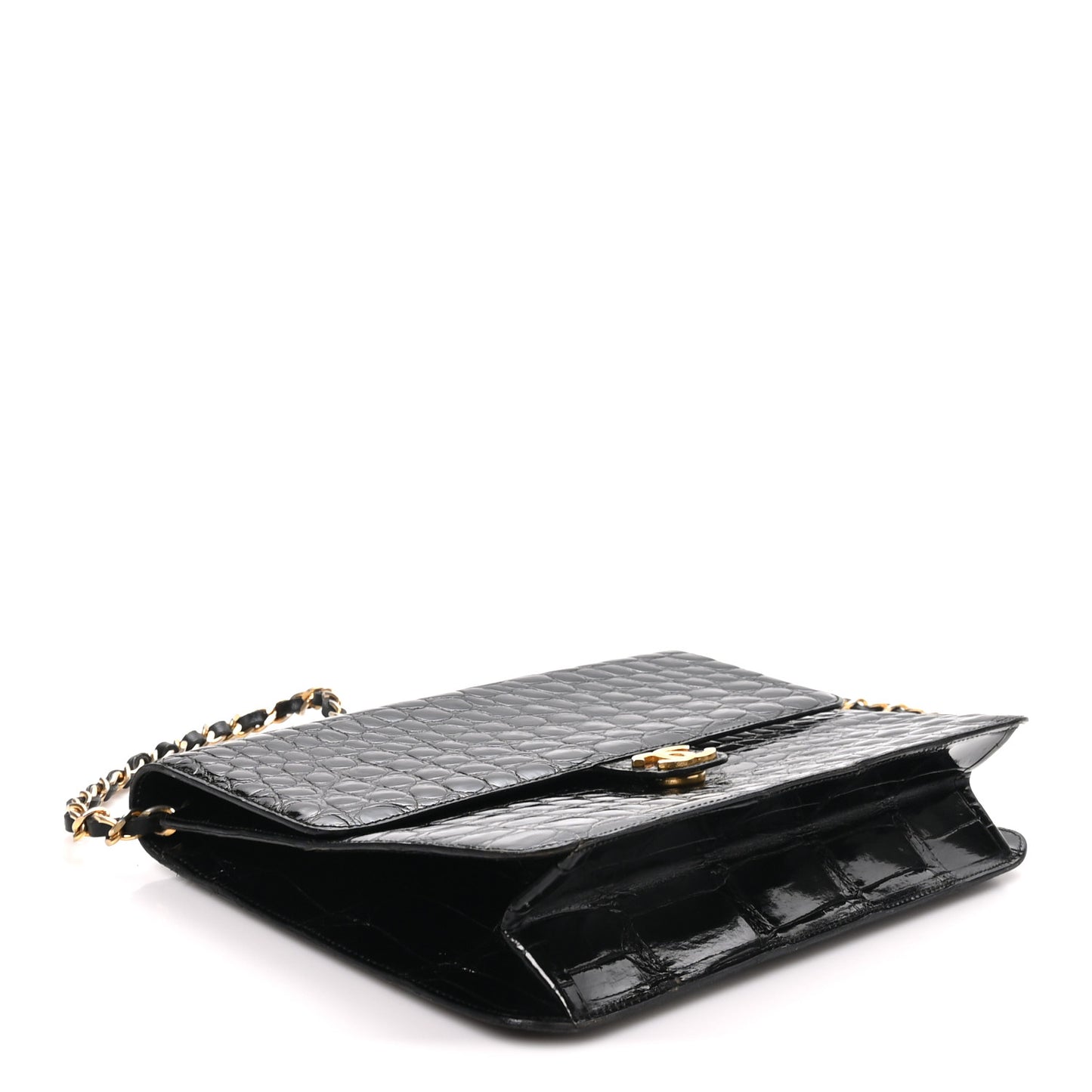 Shiny Crocodile Medium Single Flap Black