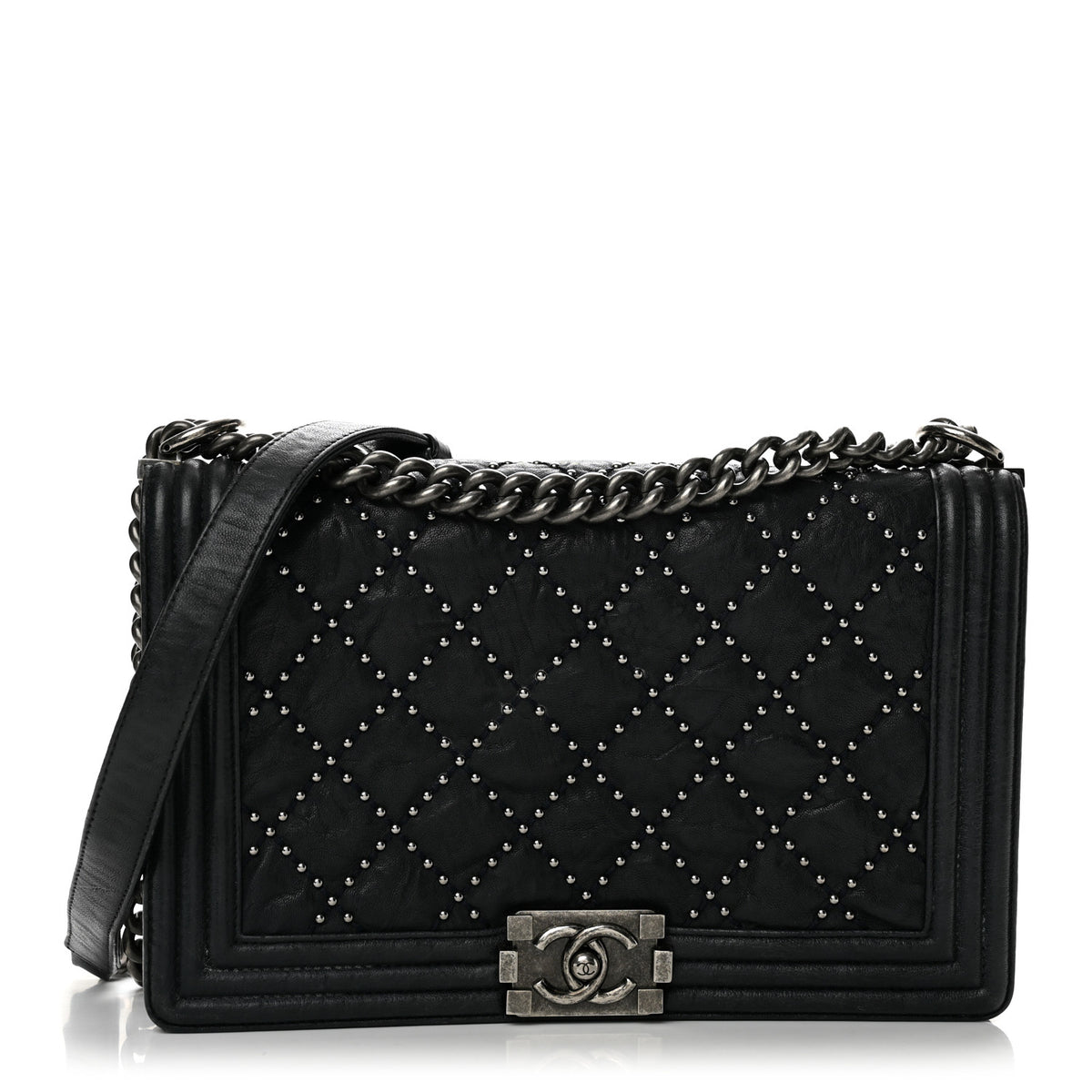 Chanel Crumpled Lambskin New Medium Studded Boy Flap Black 1 of 14