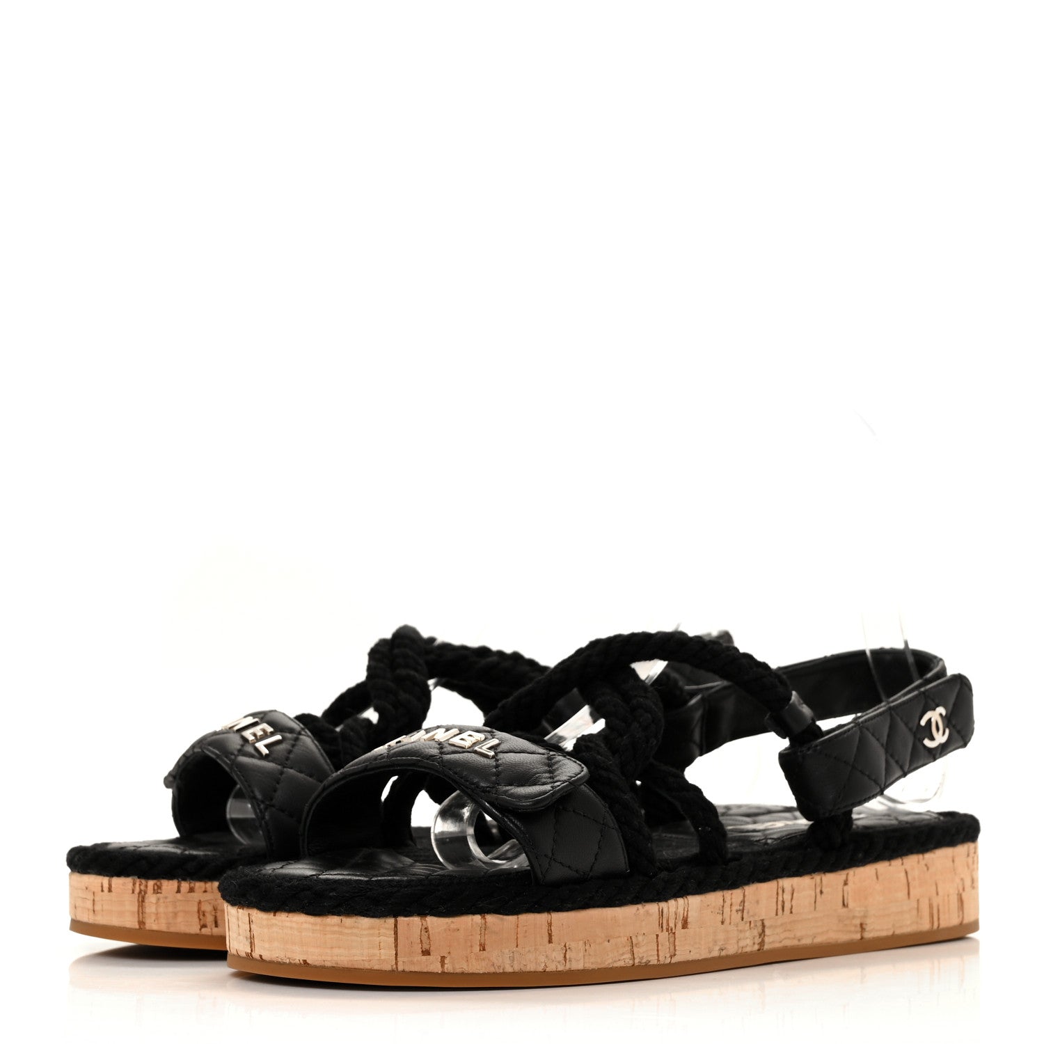 Chanel Cord Lambskin Quilted Logo Sandals 38 Black 3 of 6
