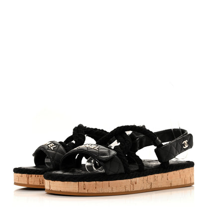 Chanel Cord Lambskin Quilted Logo Sandals 38 Black 3 of 6