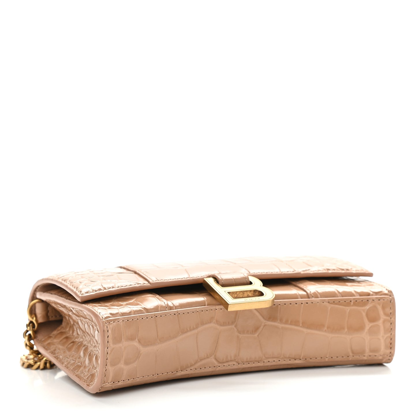 Shiny Calfskin Crocodile Embossed Hourglass Chain Bag Nude Beige