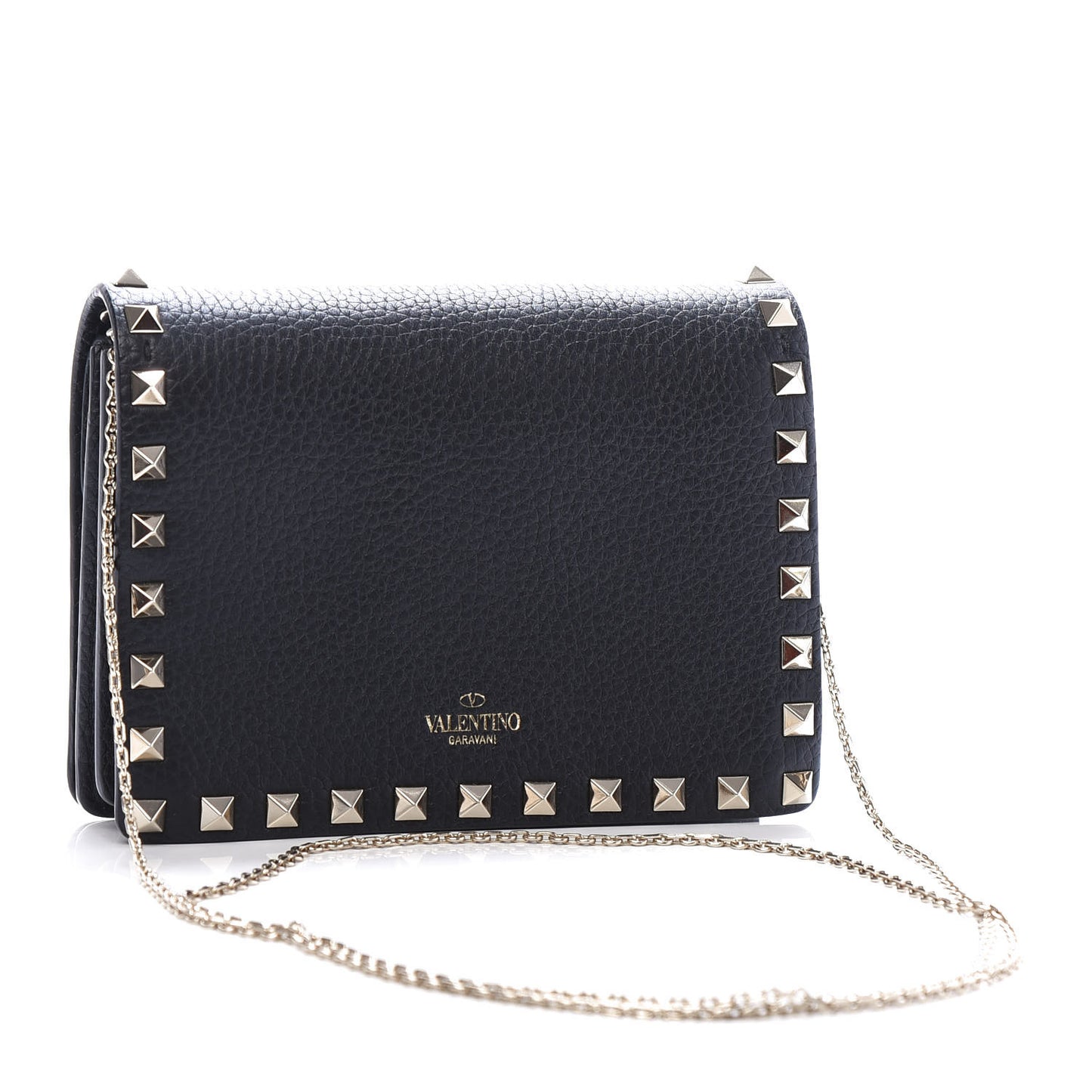Pebbled Calfskin Rockstud Wallet on Chain Black