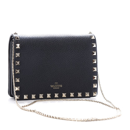 Valentino Garavani Pebbled Calfskin Rockstud Wallet on Chain Black 3 of 10