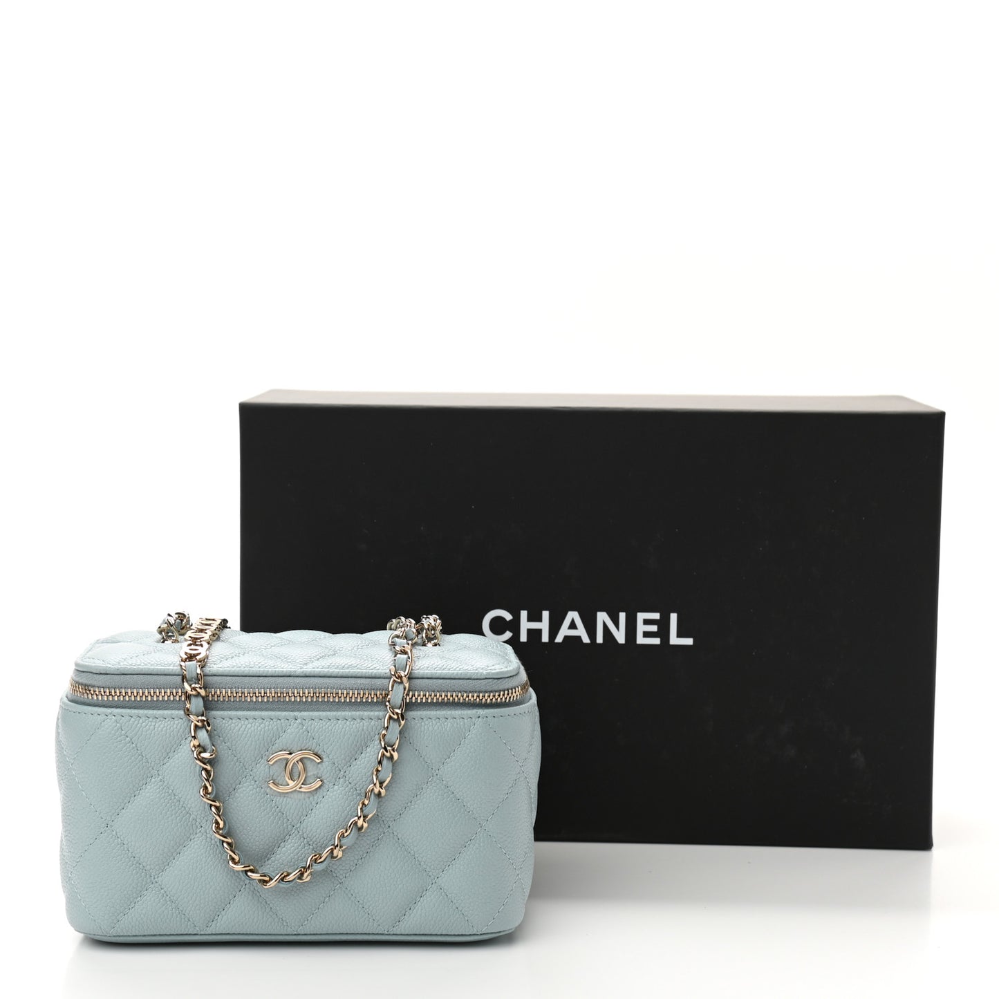 Caviar Quilted Small Tiny CC Vanity Case With Chain Light Blue