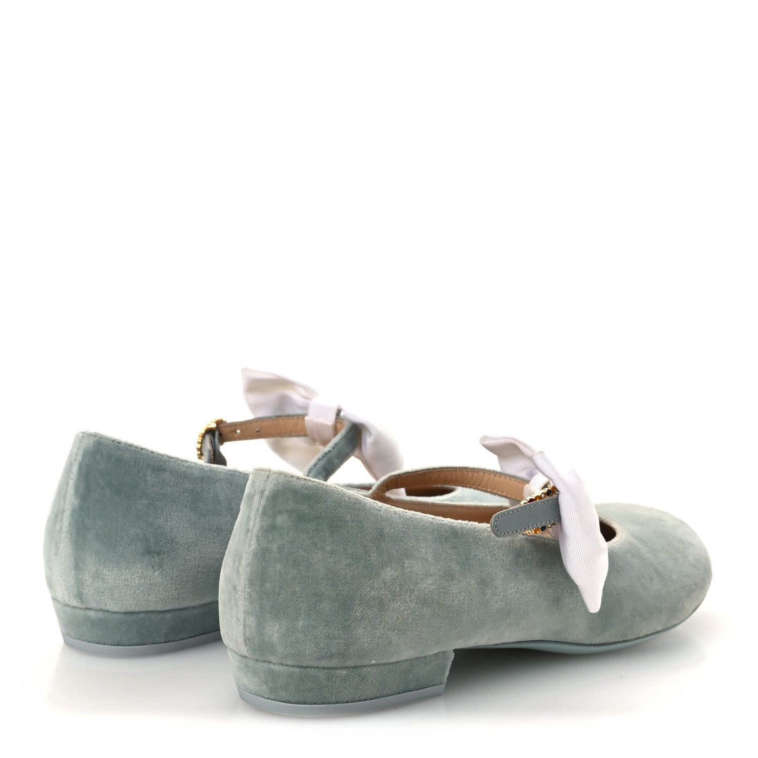 Chanel Velvet Grosgrain Bow Mary Jane Flats 37.5 Light Green White 5 of 11