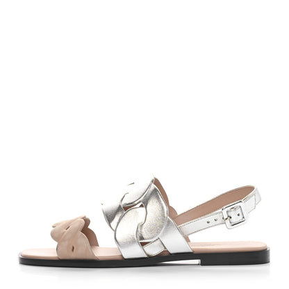 Hermes Metallic Nappa Chevre Velours Womens Grace Sandals 39 Gris Argente Beige 1 of 10