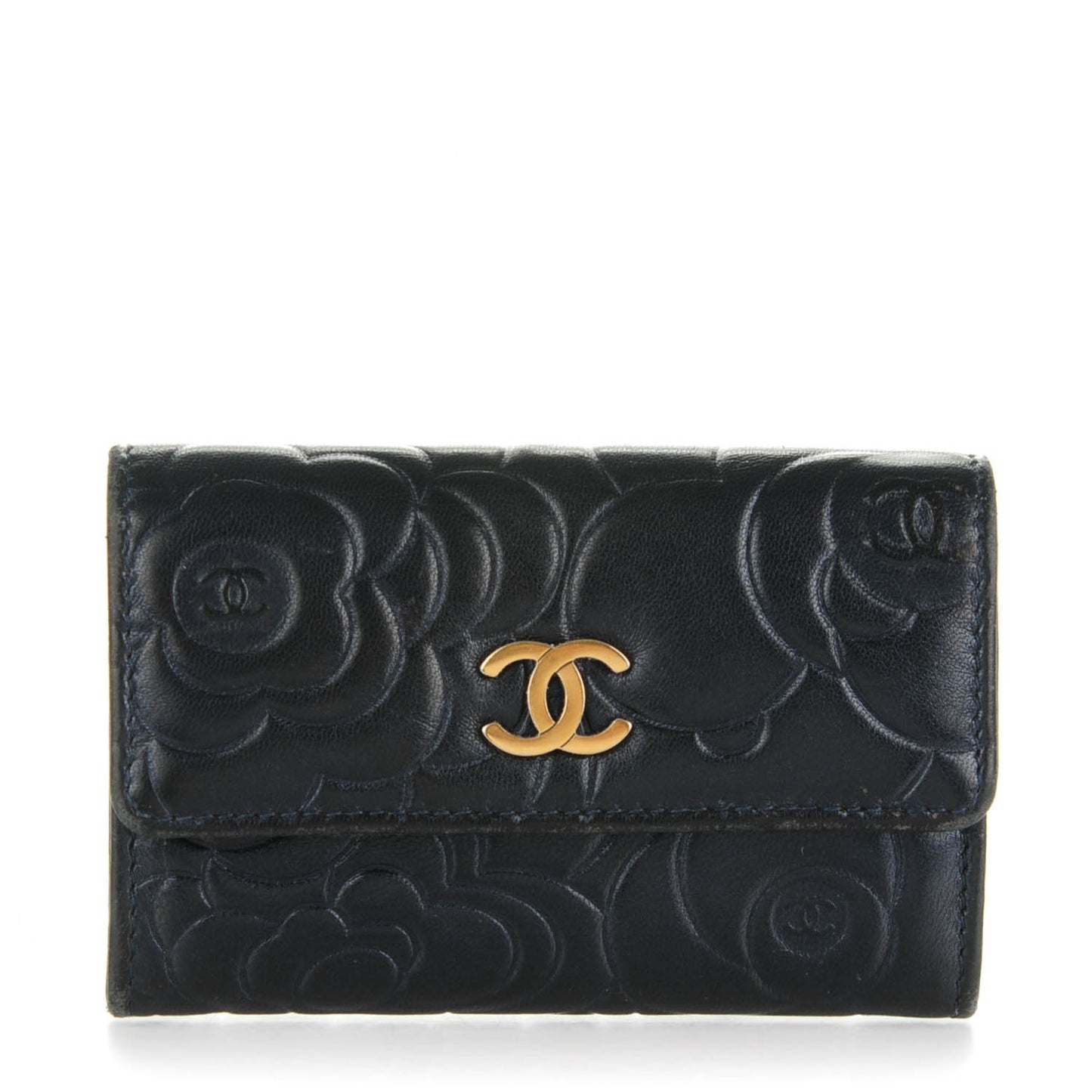 Lambskin Camellia Embossed Card Holder Black
