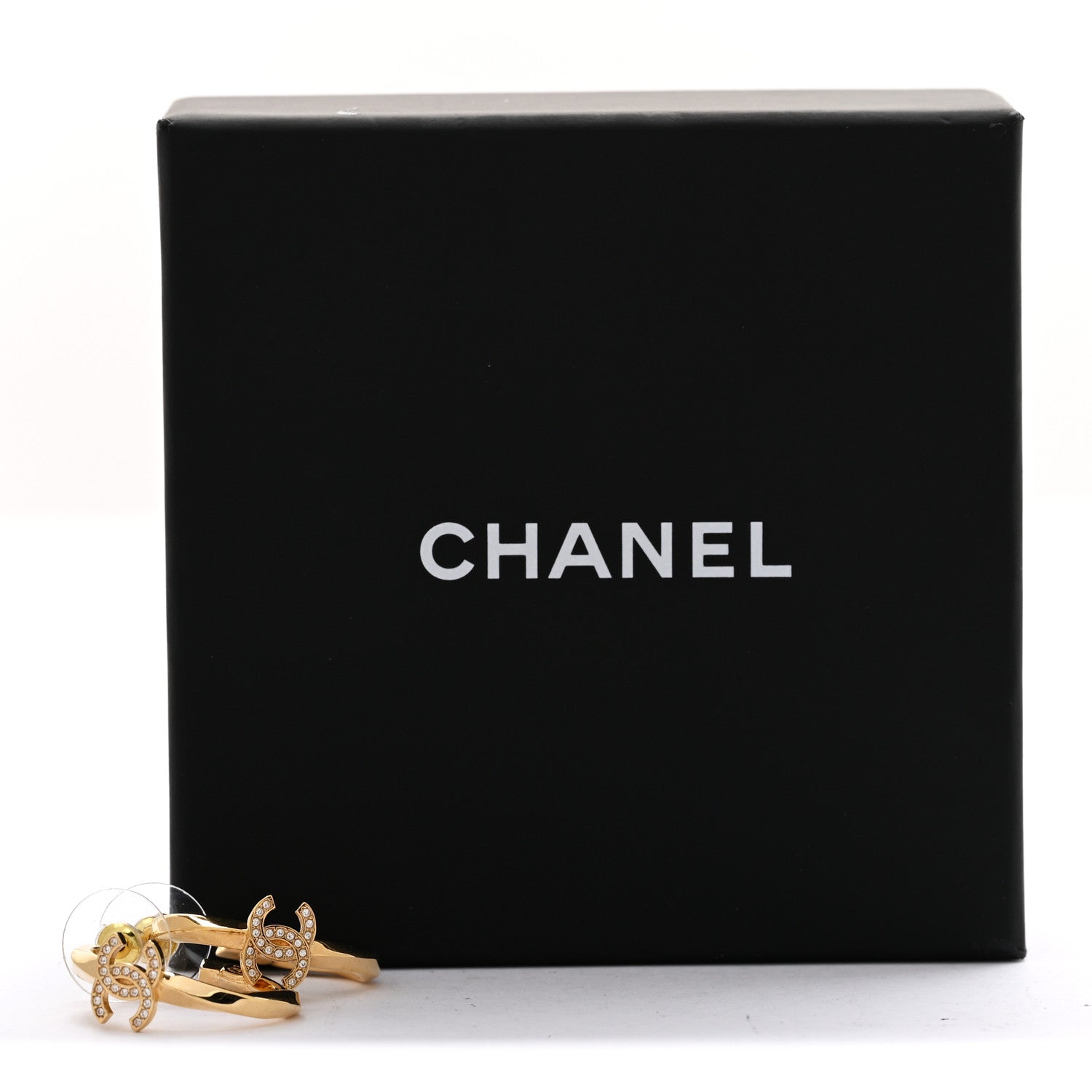 Chanel Metal Crystal Studded CC Hoop Earrings Gold 5 of 5