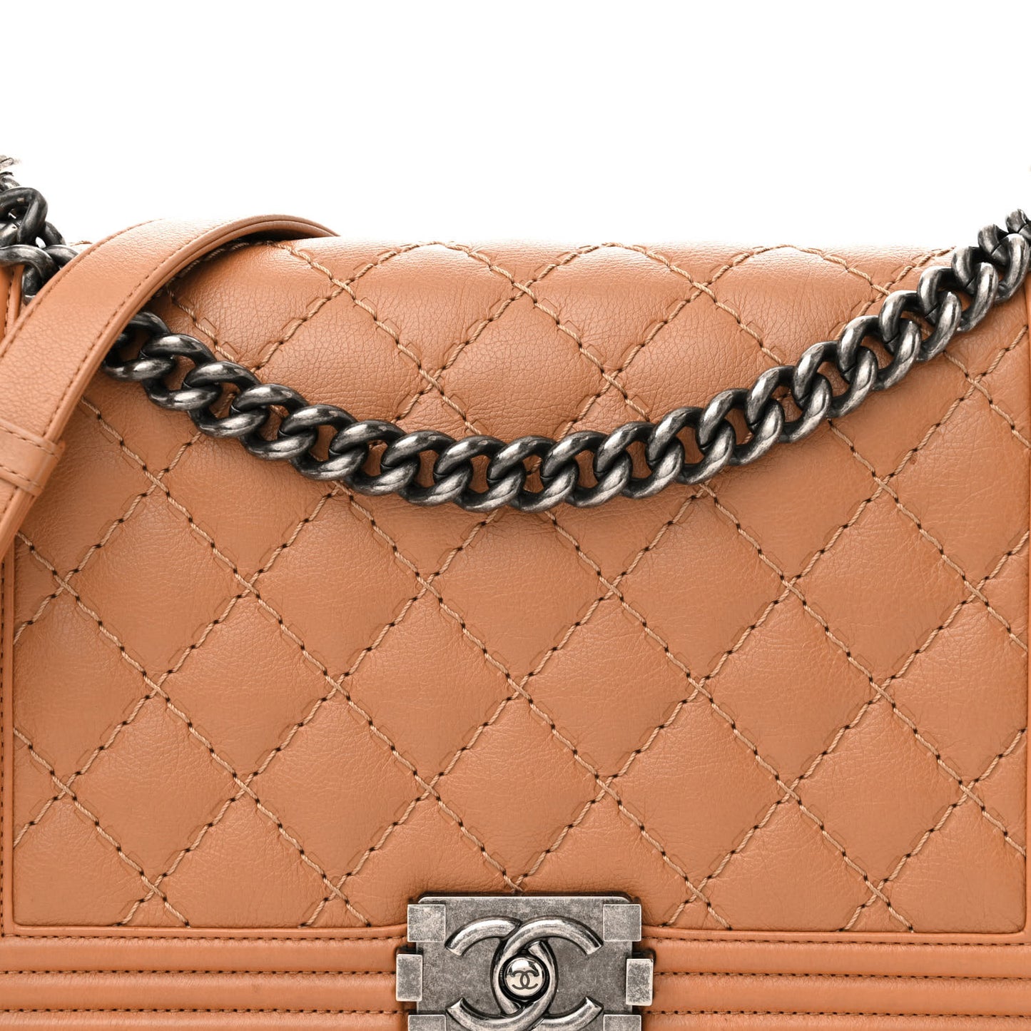 Calfskin Quilted Double Stitch New Medium Boy Flap Camel