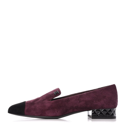 Chanel Suede Cap Toe Moccasin Loafers 38.5 Burgundy Black 1 of 10