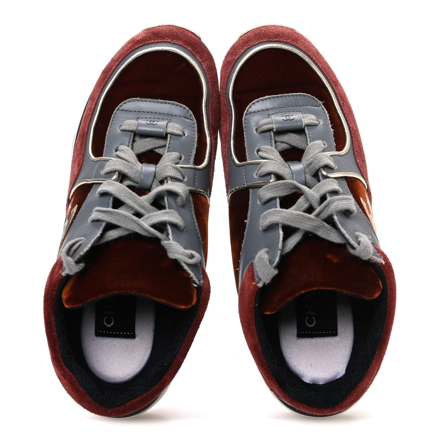 Chanel Suede Velvet Lambskin CC Sneakers 36 Burgundy Grey 2 of 9