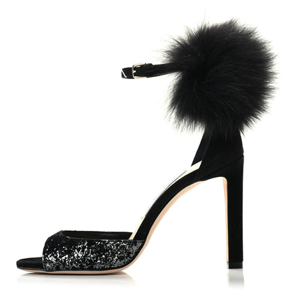 Jimmy Choo Velvet Fox Fur Suri 100 Ankle Strap Sandals 36.5 Anthracite Black 1 of 7