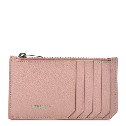 Saint Laurent Grained Calfskin 5 Fragments Zip Pouch Card Holder Rose Antic 1 of 6