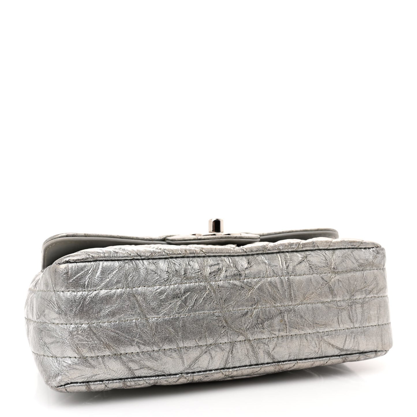 Patent Metallic Crumpled Calfskin Chevron Quilted Mini Rectangular Flap Silver
