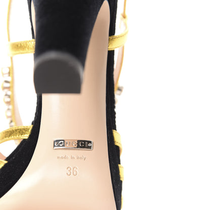 Gucci Velvet Nappa Crystal Zephyra Slingback Platform High Heel Sandals 36 Black Gold 7 of 8