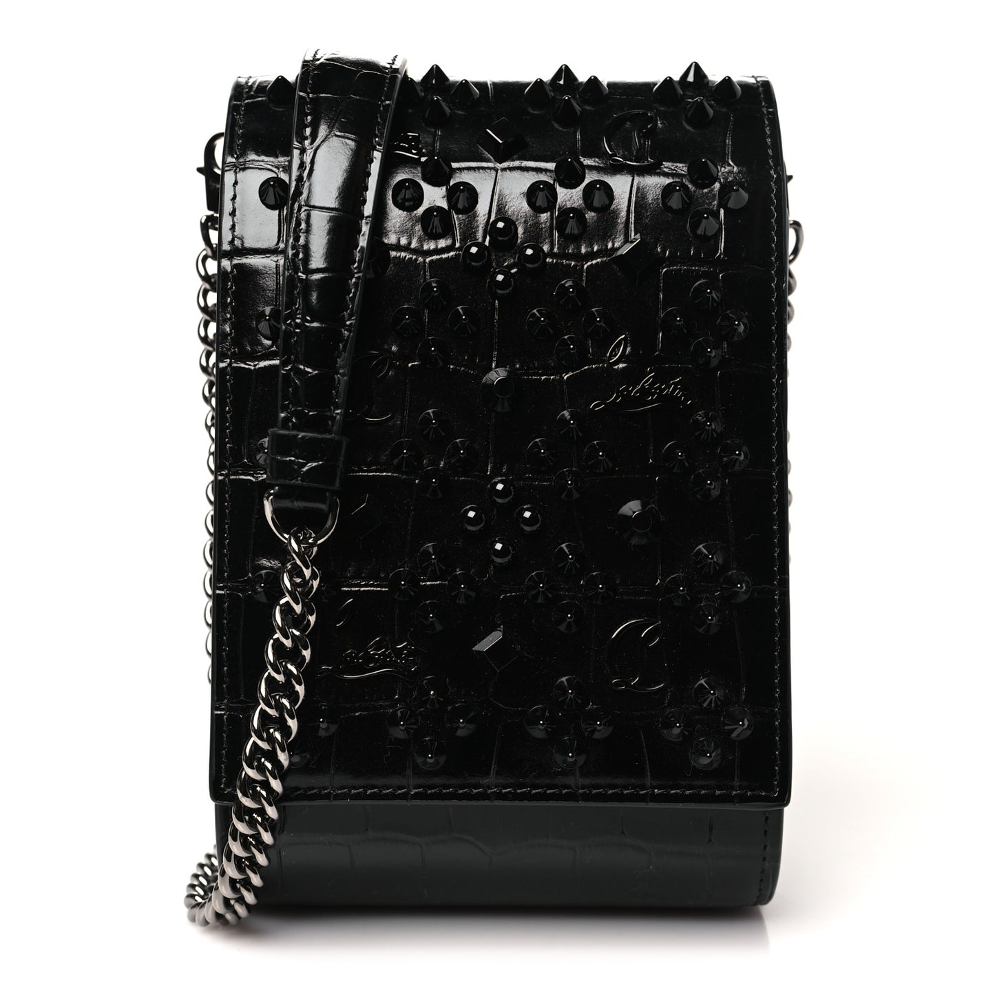 Crocodile Embossed Calfskin Spikes Loubinthesky Paloma Crossbody Phone Case Black