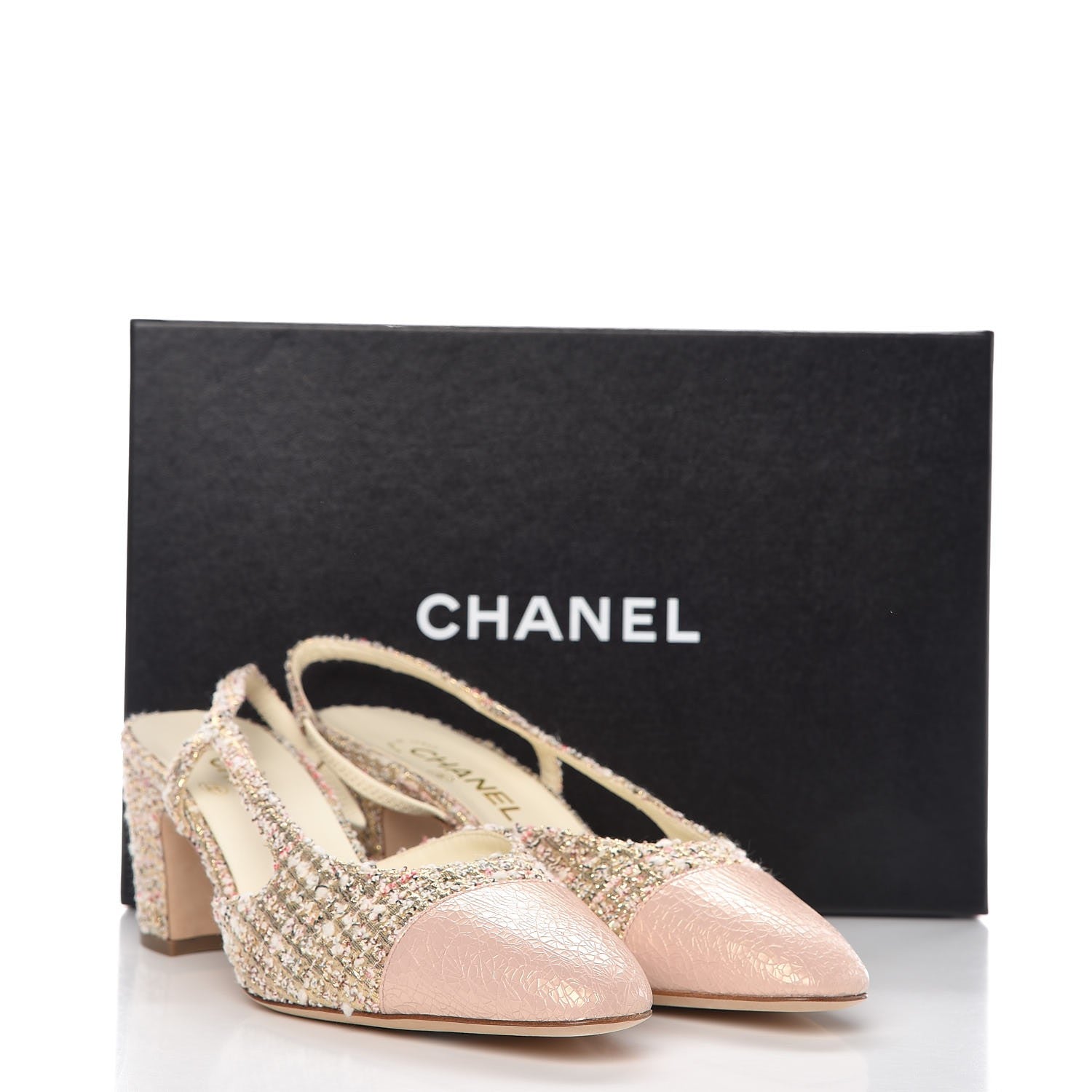 Chanel Tweed Patent Cap Toe CC Slingback Pumps Pink 300172
