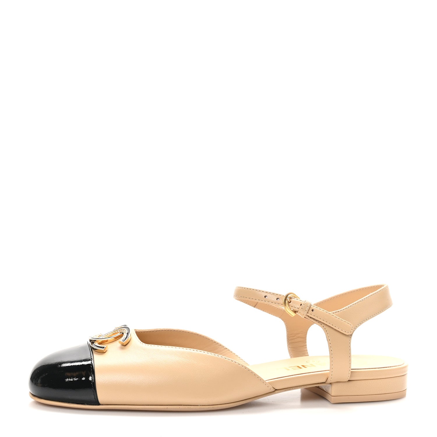 Chanel Lambskin Patent Cap Toe Crystal Enamel CC Mary Jane Slingback Flats 39 Beige Black 1 of 9