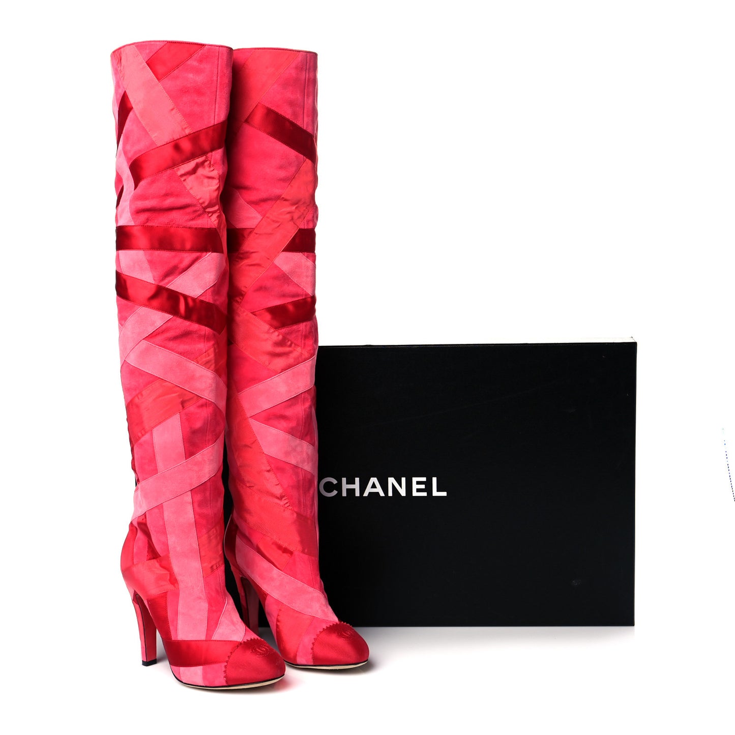 Suede Grosgrain Patchwork Over The Knee Boots 38 Pink