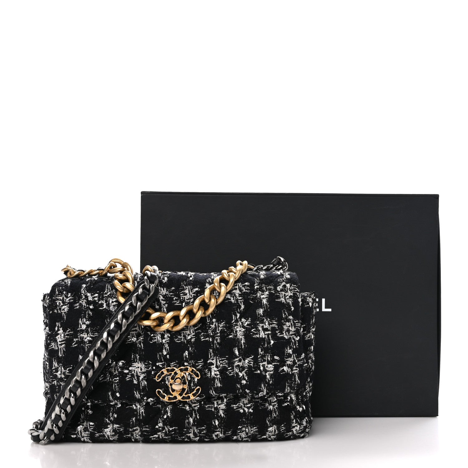 Chanel Tweed Quilted Large Chanel 19 Flap Black Silver Ecru 11 of 11