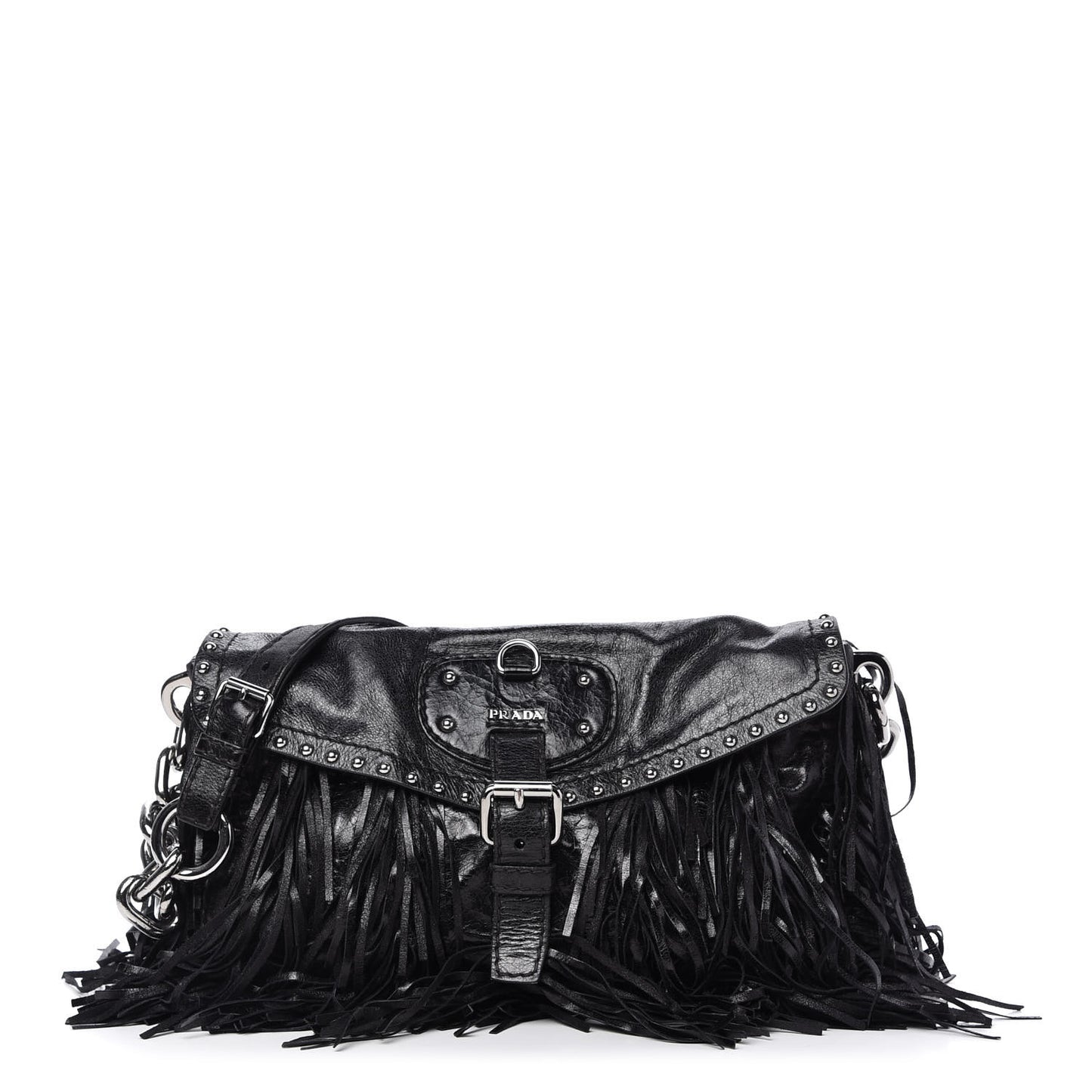 Vitello Shine Fringe Studded Flap Hobo Black