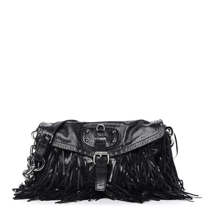 Prada Vitello Shine Fringe Studded Flap Hobo Black 1 of 10