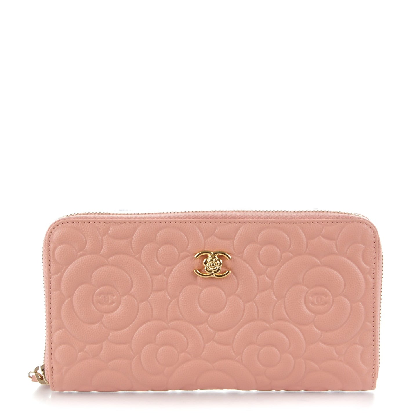 Caviar Camellia Embossed Zip Around Large Gusset Wallet Nude