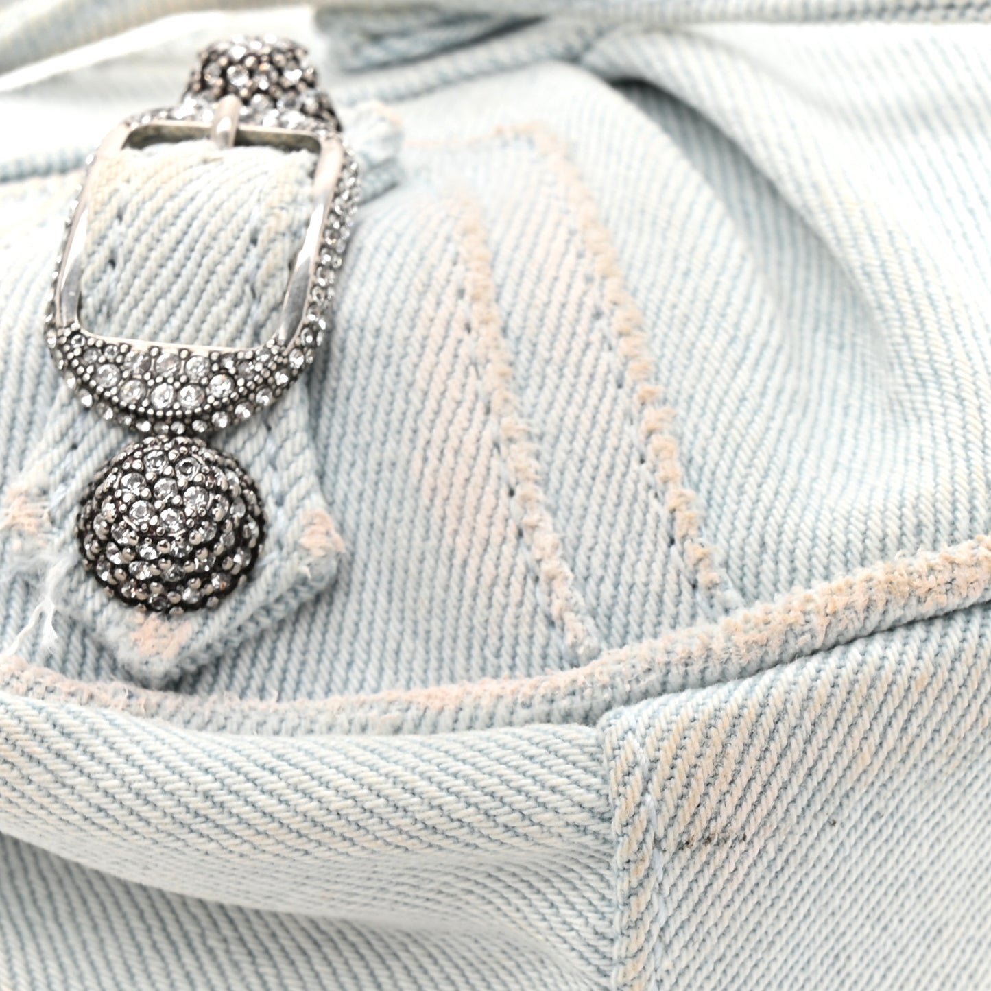 Washed Frayed Denim Crystal XS Le Cagole Shoulder Bag Pale Blue
