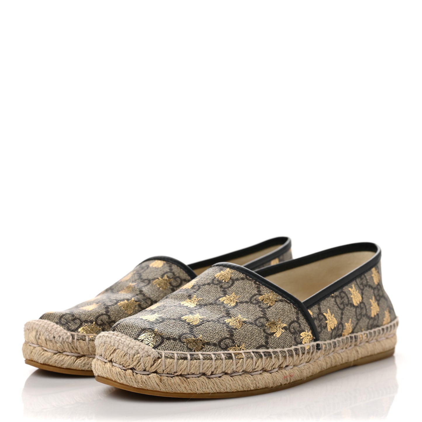 GG Supreme Monogram Bees Espadrille Flats 38.5 Beige Ebony Oro Black
