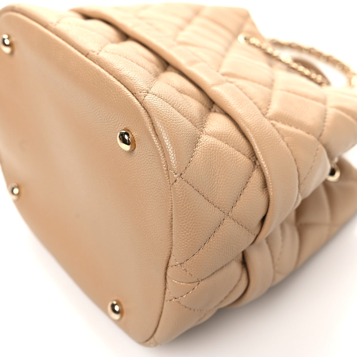 Caviar Quilted Rolled Up Bucket Drawstring Bag Beige