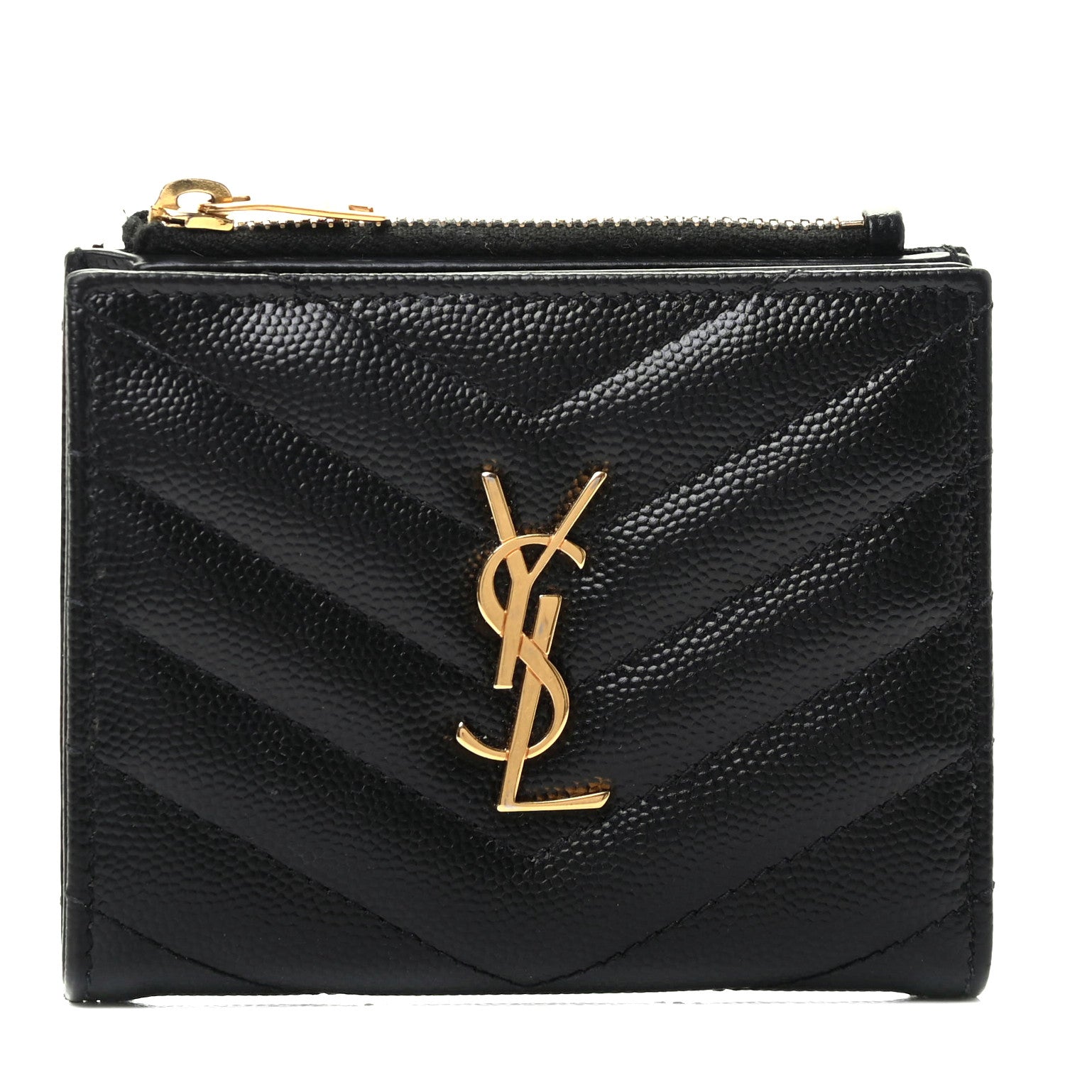 Saint Laurent Grain De Poudre Matelasse Chevron Monogram Zipped Card Case Black 1 of 8