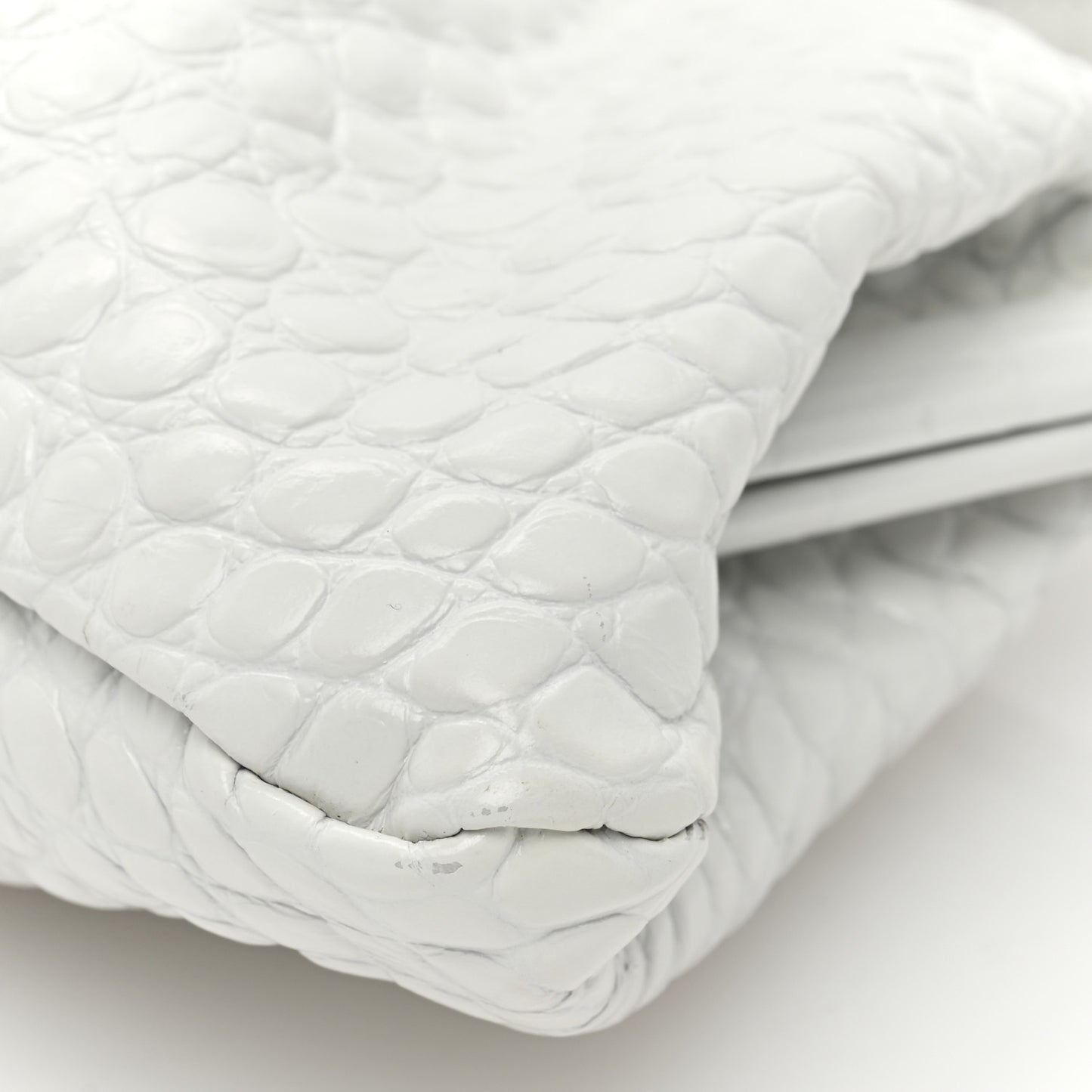 Shiny Supple Calfskin Logo Crocodile Embossed XL Cloud Clutch White