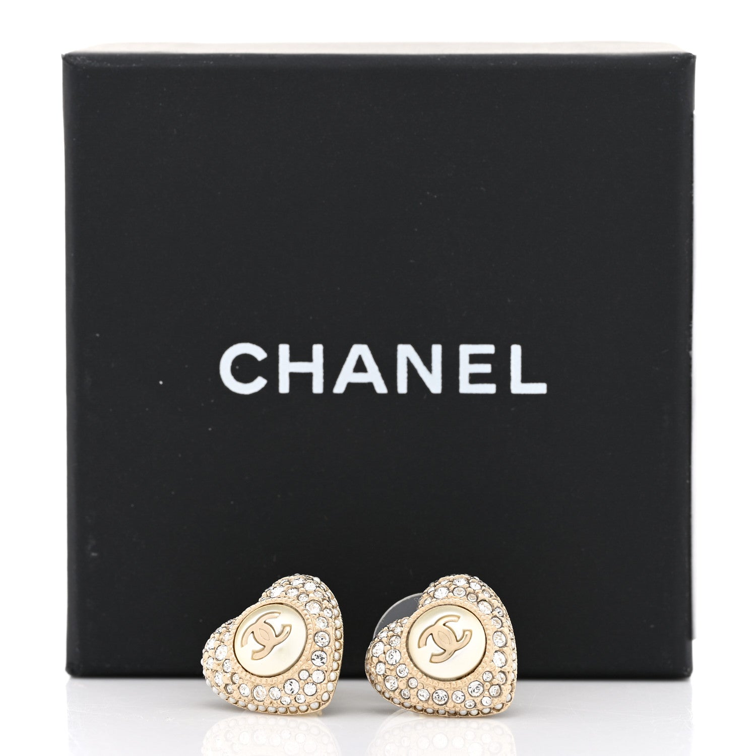 Chanel Pearl Crystal CC Heart Earrings Gold White 5 of 5