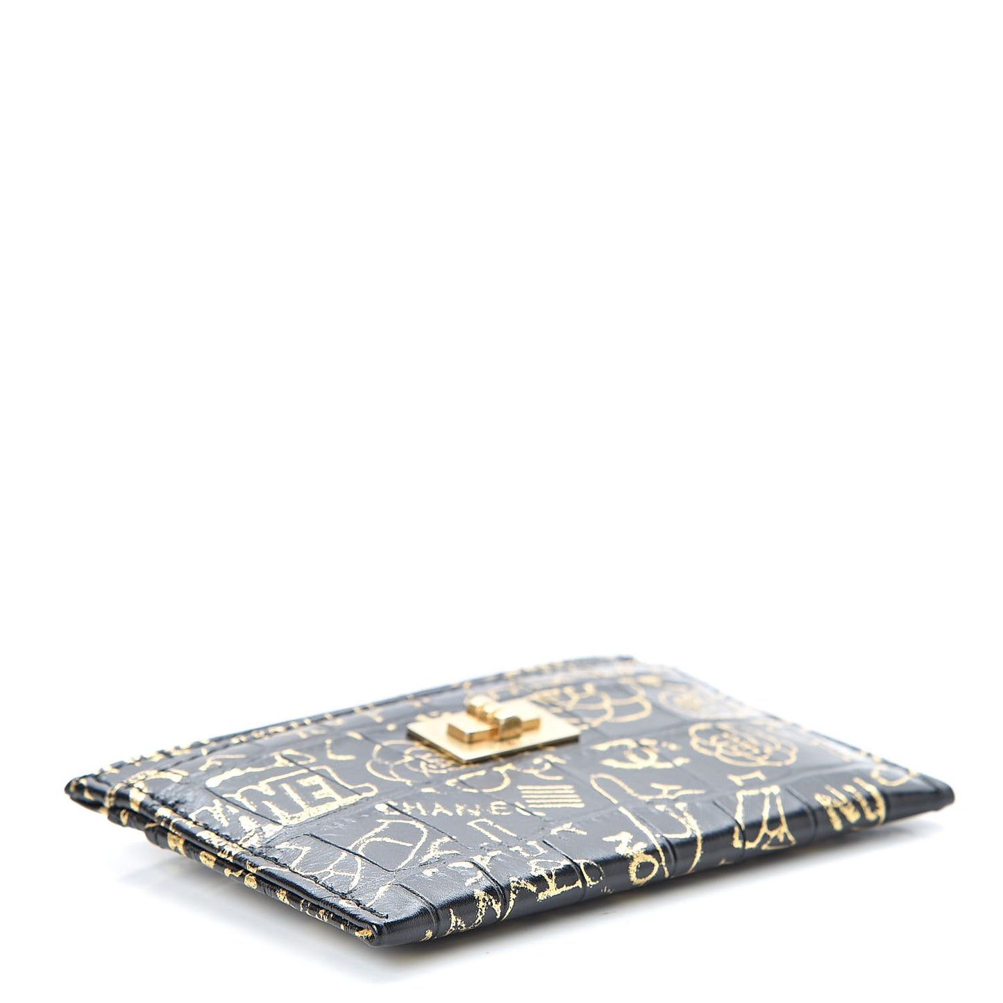 Calfskin Crocodile Embossed Graffiti 2.55 Cocodile Reissue Card Holder Black Gold