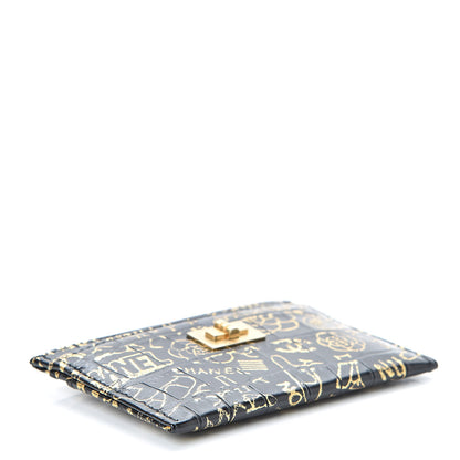 Chanel Calfskin Crocodile Embossed Graffiti 2.55 Cocodile Reissue Card Holder Black Gold 4 of 9