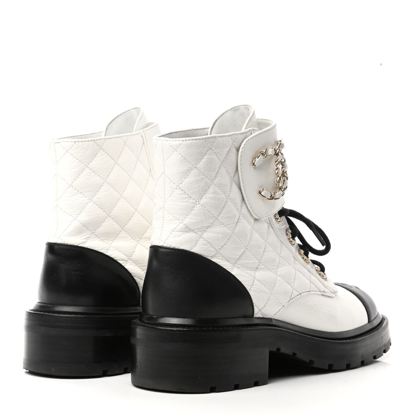 Shiny Goatskin Calfskin Quilted Lace Up Combat Boots 37.5 White Black
