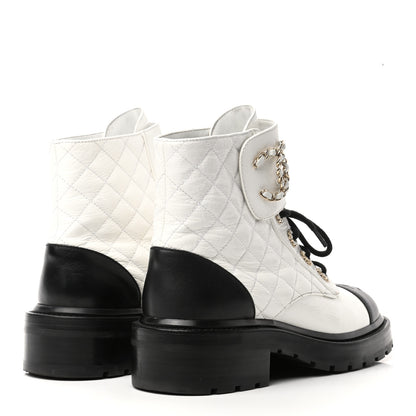 Chanel Shiny Goatskin Calfskin Quilted Lace Up Combat Boots 37.5 White Black 4 of 9