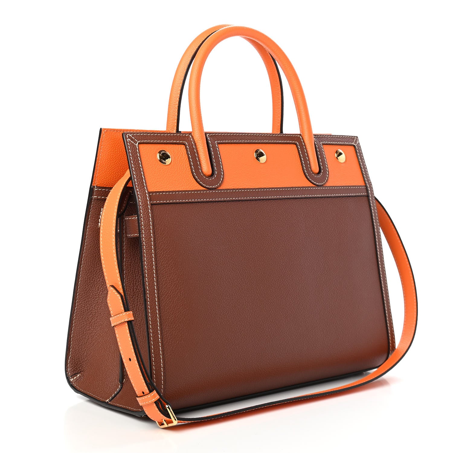 Burberry Calfskin Small Two Handle Title Bag Tan Bright Orange 2 of 8